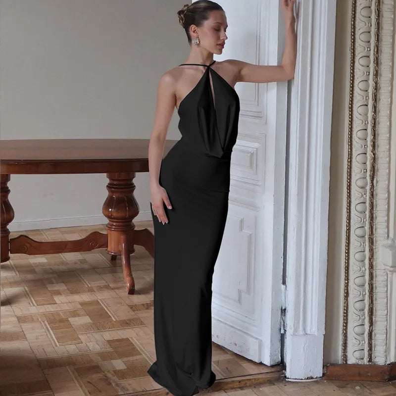 Women's Draped Cut Out Maxi Outfit Gown Backless Solid Plunge Slip Dress