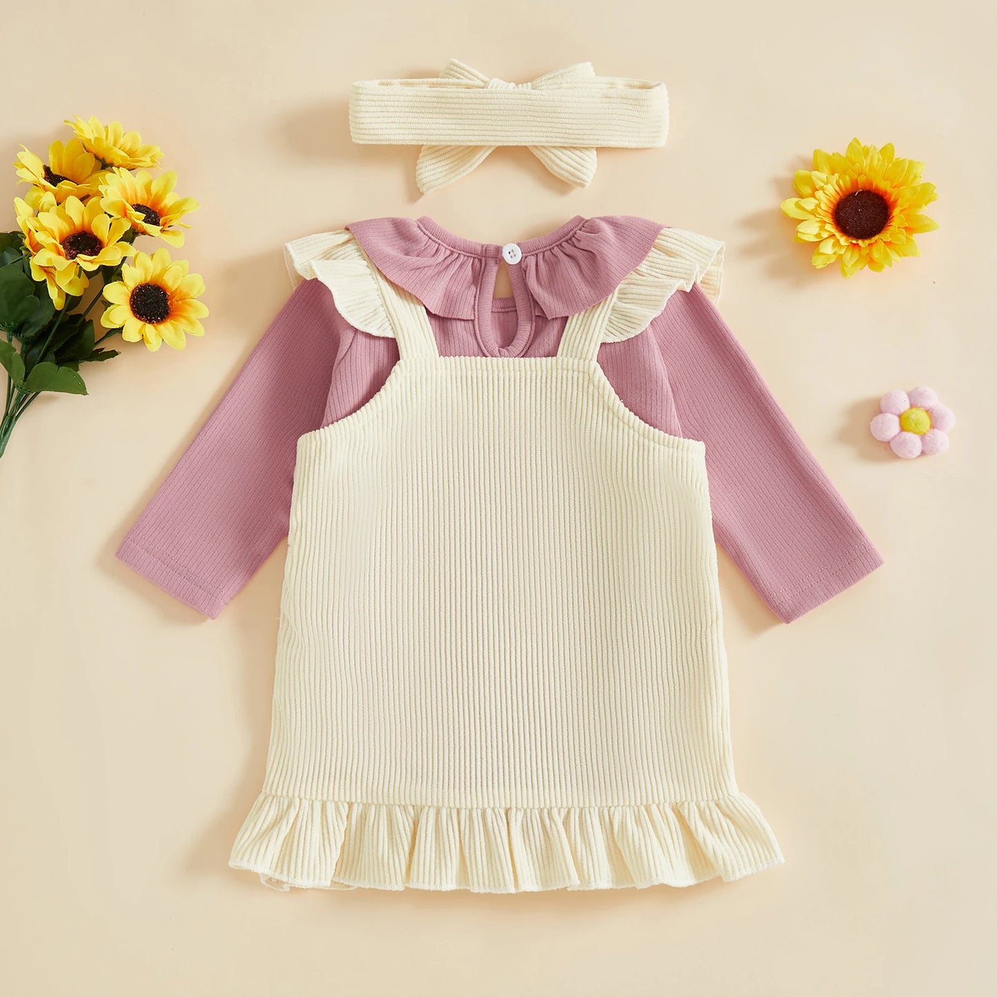 Baby Girls Sunflower Embroidery Outfit Set - Ruffled Long Sleeve Romper Dress & Bow Headband (0-18M)