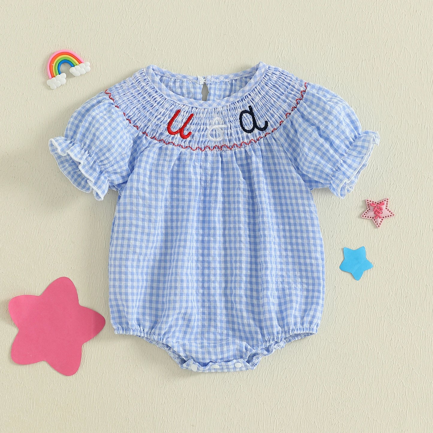 Baby Girls Independence Day Rompers - 3 Colors Letter Embroidery Plaid Print Short Sleeve Jumpsuits