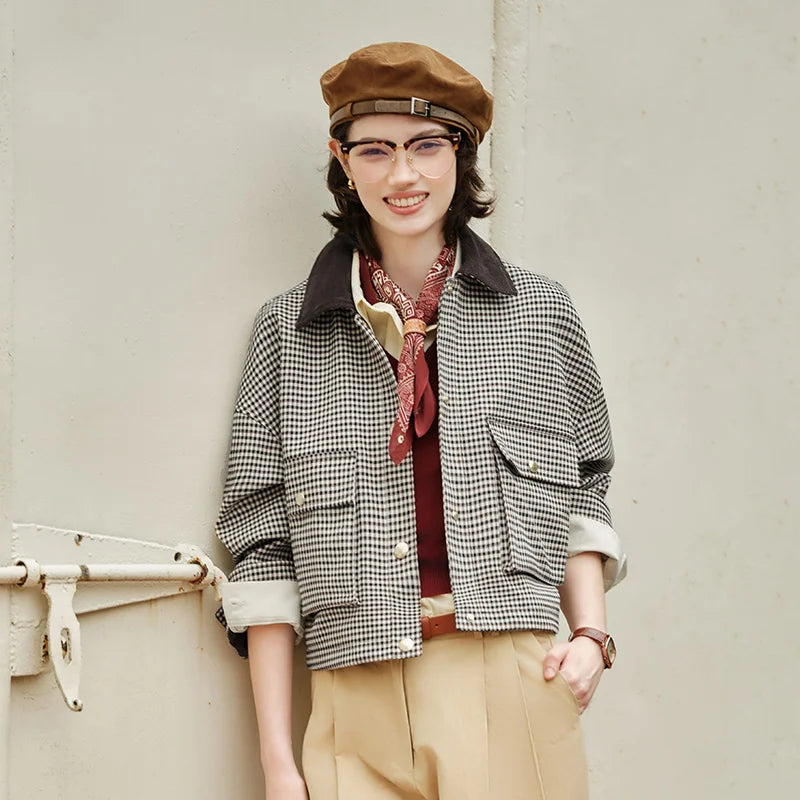 Women's Cropped Plaid Jacket - Turn Collar Loose Fit Autumn Fashion Coat