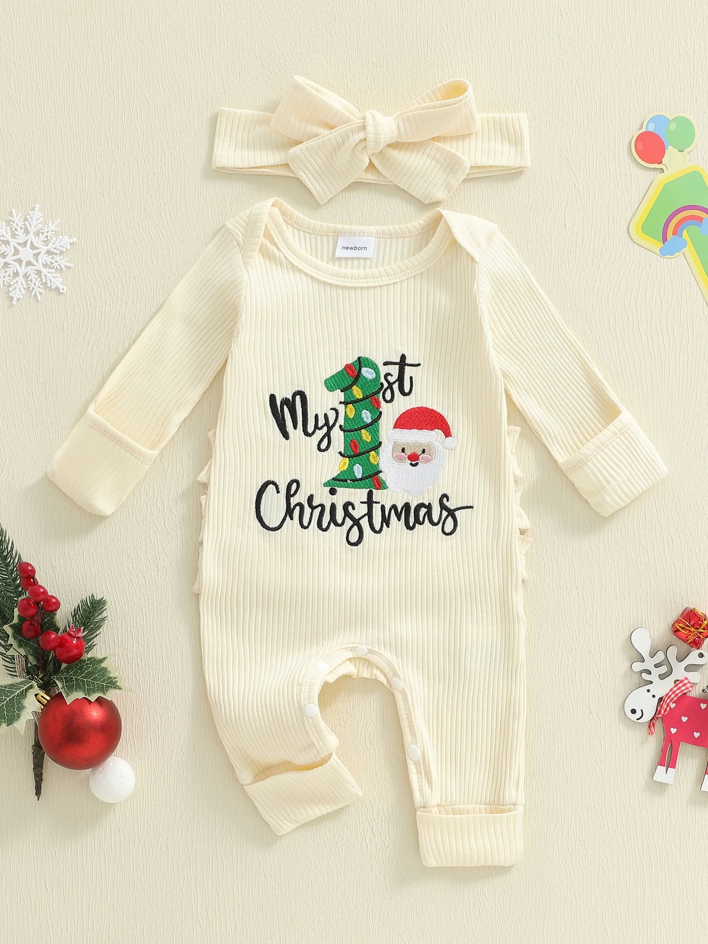Newborn Baby Christmas Romper with Headband - Long Sleeve Xmas Tree Embroidery Jumpsuit