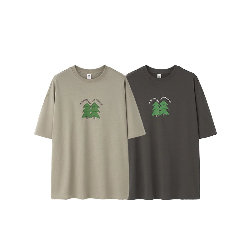 Unisex 265G Pine Tree Puff Print Heavyweight oversize Casual Pure Cotton Short Sleeve T-Shirt