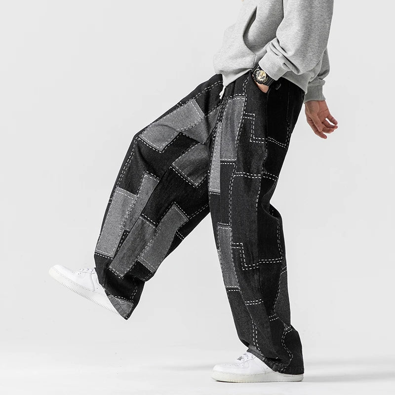 Men's Autumn Winter Loose Patchwork Denim Pants Casual Jean Trousers