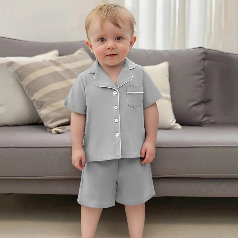 0-8Y Summer Toddler Kids Boys Girls Pyjamas Clothes Set Solid Contrast Trim Lapel Short Sleeve Button Down Tops Shorts