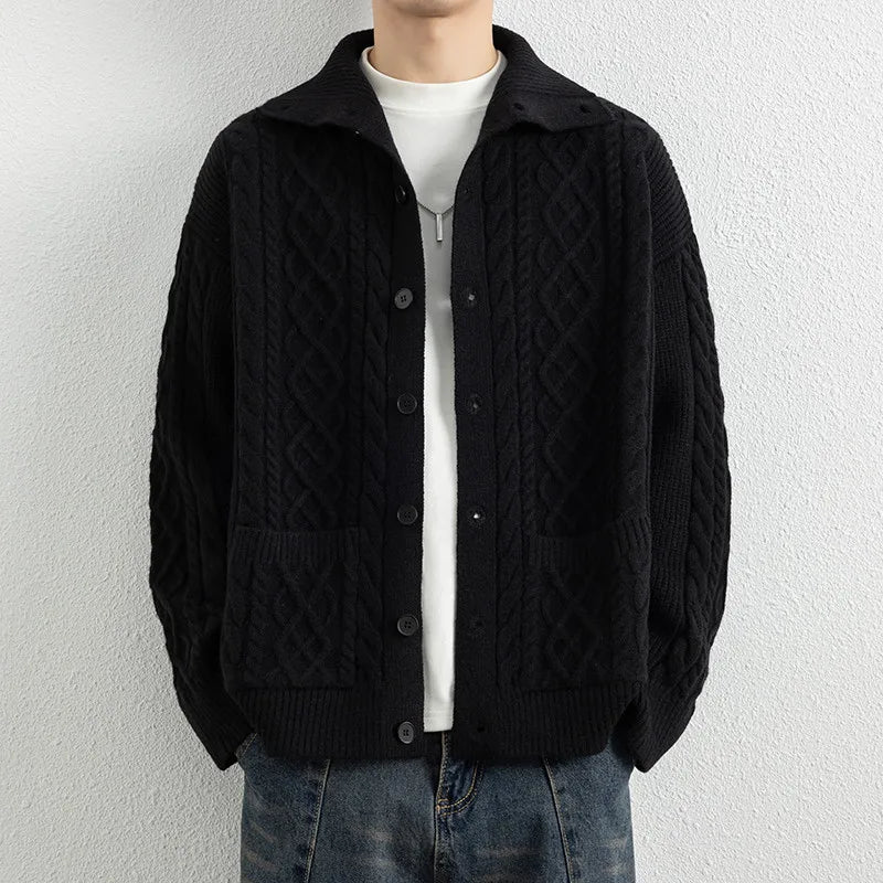 Men's Autumn Turn-Down Collar Cardigan - Single Breasted Knit Sweater Coat