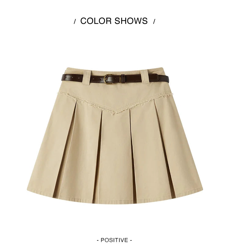 Salt & Sweet Style A-Line Mini Skirt - Summer Edgy Raw Hem Pleated Retro Skirt with Belt