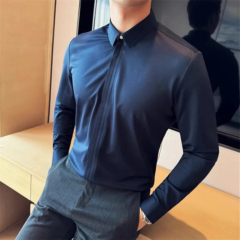 Men's Zipper Long Sleeve Smart Casual Slim Fit Turn Down Collar Shirt