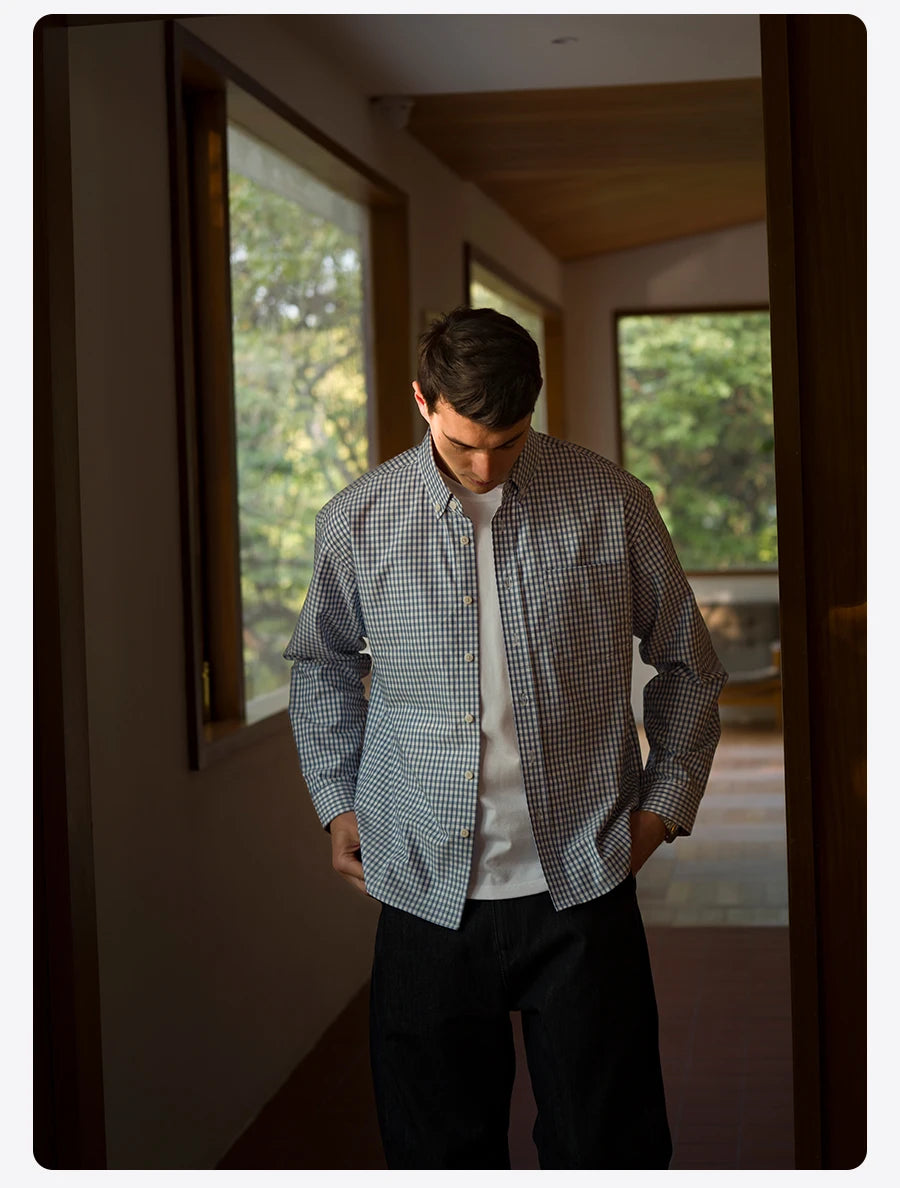 Men's Spring Oversize 170gsm Liquid Ammonia Finish 100% Cotton Fabric Checked Plaid Casual Shirt