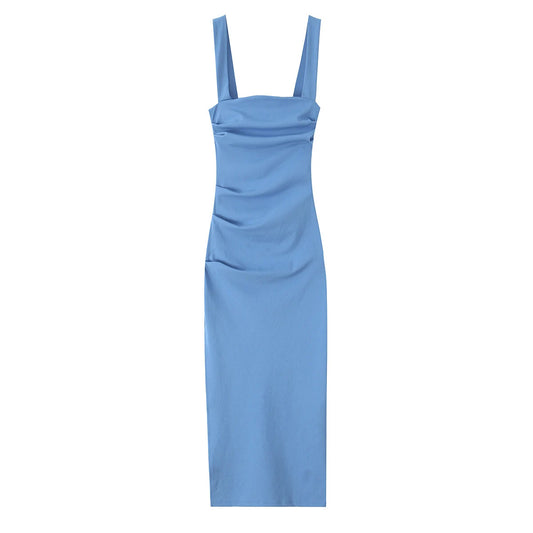 Women's French Temperament Blue Vest Camisole Waist Cinching  Slit Long Dress
