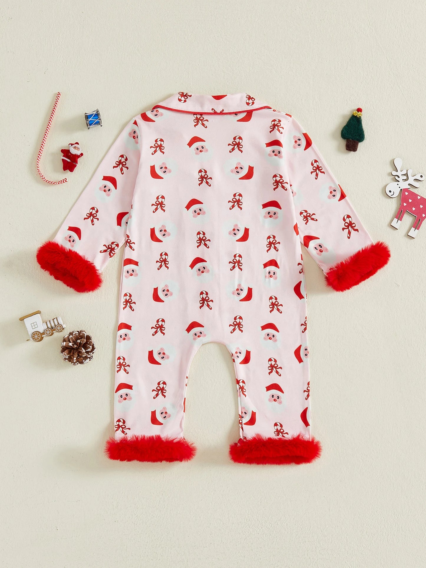 Lovely Baby Girls Christmas Pajama Jumpsuit - Santa Claus & Candy Cane Print (0-24M)