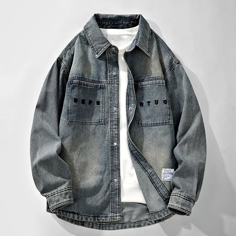 Men's Moto Biker Denim Jacket - Vintage Turn Down Collar Cotton Jean Jacket