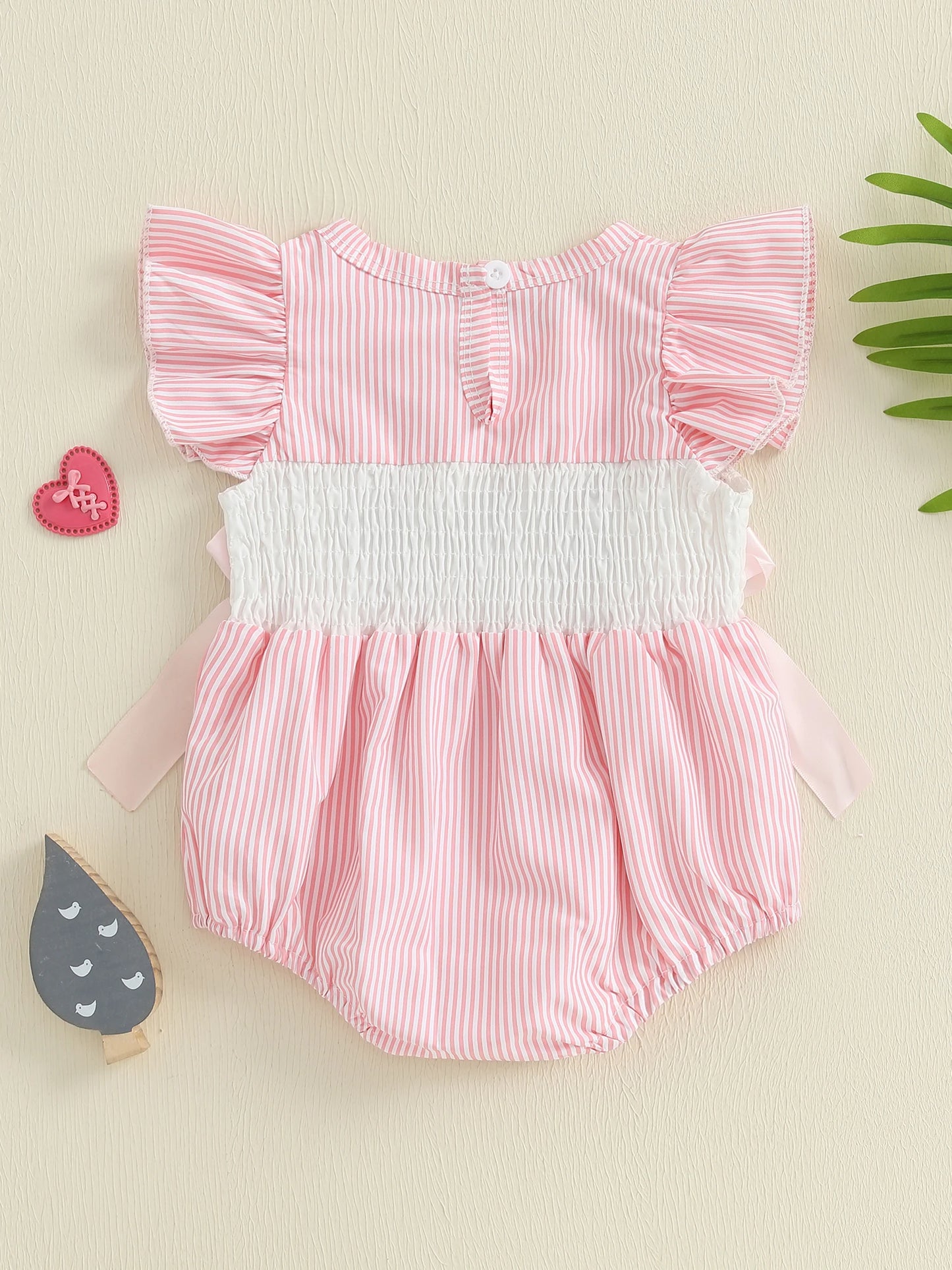 Baby Girls Striped Duck Embroidery Romper - Short Sleeve Jumpsuit with Bow (0-18M)