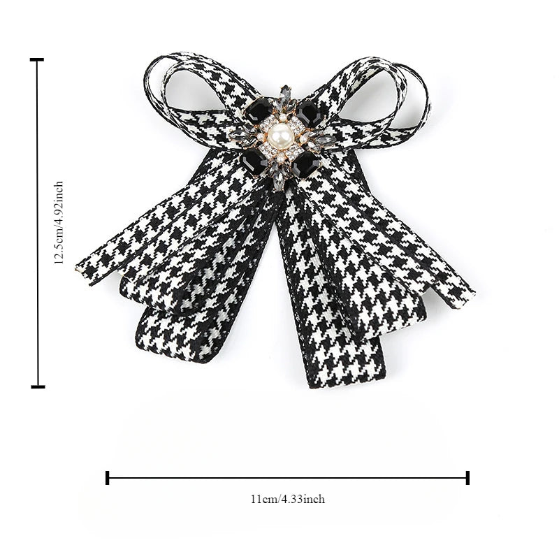 Houndstooth Ribbon Bow Brooch with Pearl