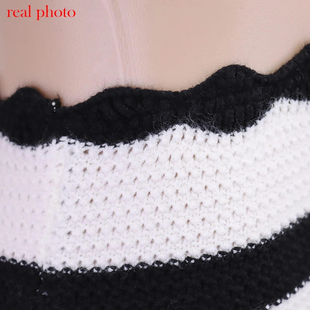 Women's Summer Beachwear Stripe Dress Set -Deep V Neck Knitted Top and Skirt 2 Piece Sets