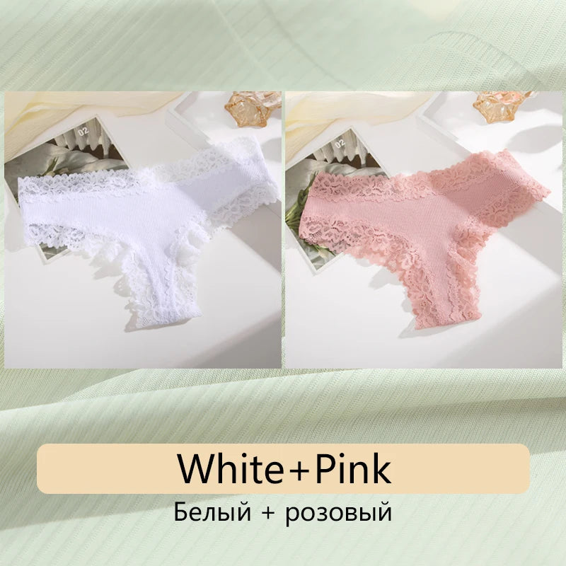 2PCS Women's Cotton Underwear - Lace Floral Low Rise Comfortable Lingerie