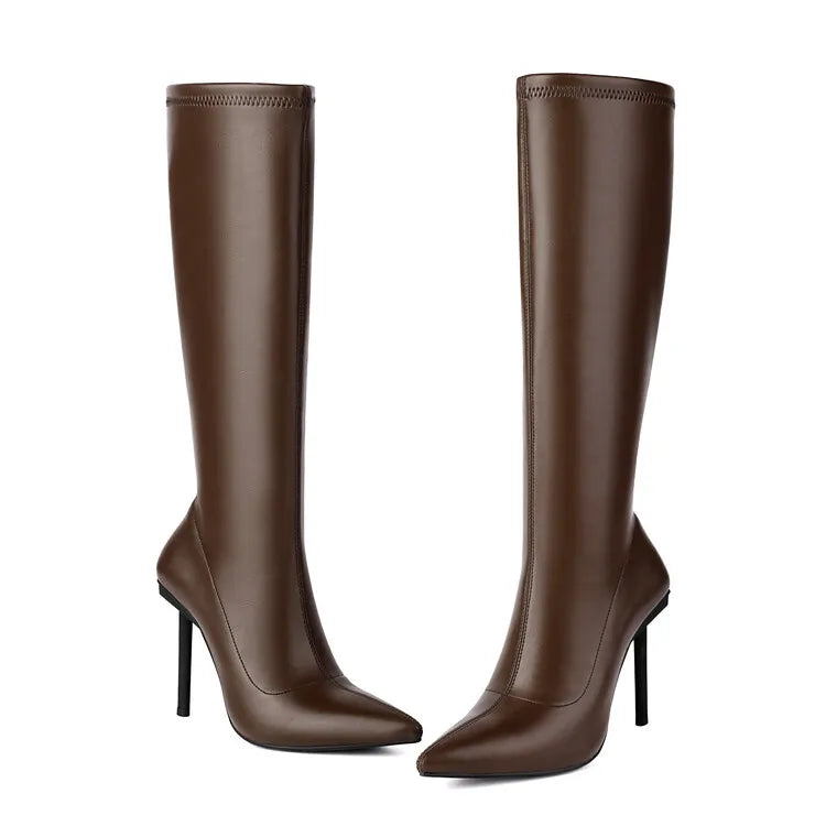 Women's Text Art High Heel Boots Elastic Leather Side Zipper Pointed Knee Boots 8cm/10cm Thin Heel Shoes