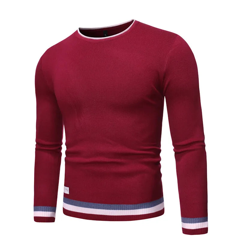 Men's O-Neck Knit Pullover - Long Sleeve Patchwork Sweater