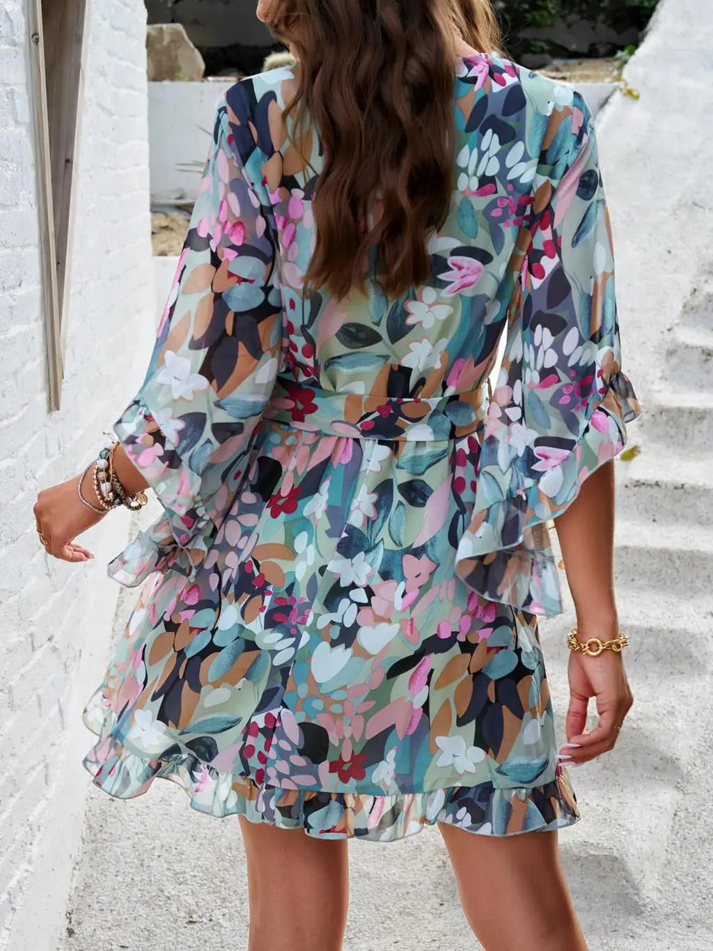 Women's Autumn Winter Half Sleeve Flower Print Elegant V-neck Casual A-Line Knee-Length High Waist Dress