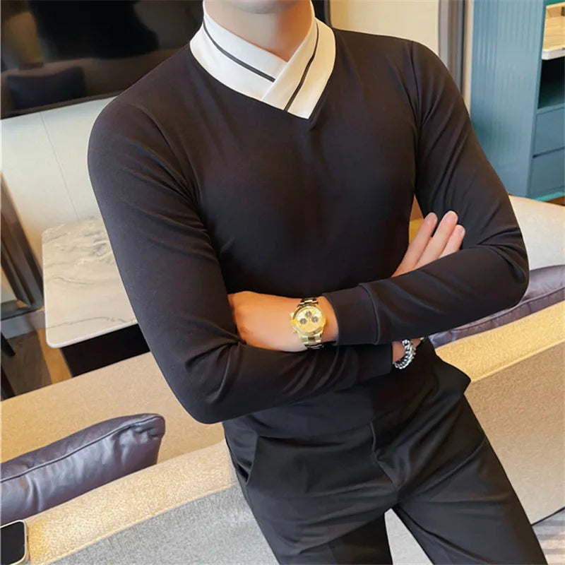 Men's Patchwork Mock Neck Long Sleeve T-Shirt