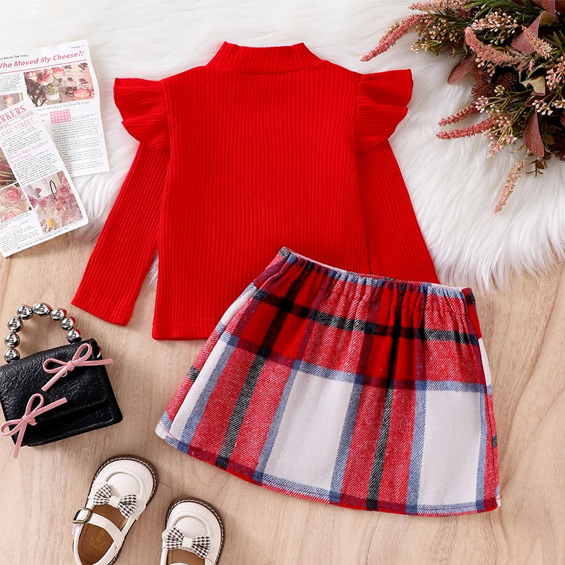 Little Girl Fall Clothes Set - Ruffle Long Sleeve Ribbed Top & Plaid A-Line Skirt