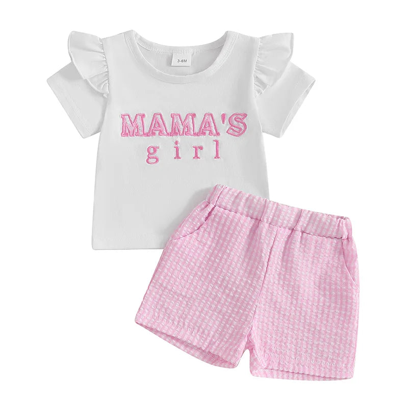 Baby Girls Summer Outfit Set - Letter Embroidery T-Shirt & Plaid Shorts (0-3Y)