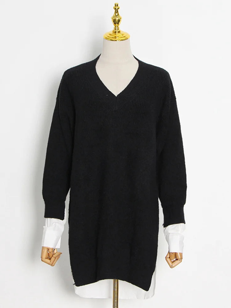 Women's Patchwork V Neck Long Sleeve Loose Straight Knitting Pullover Sweater Shirt Dress