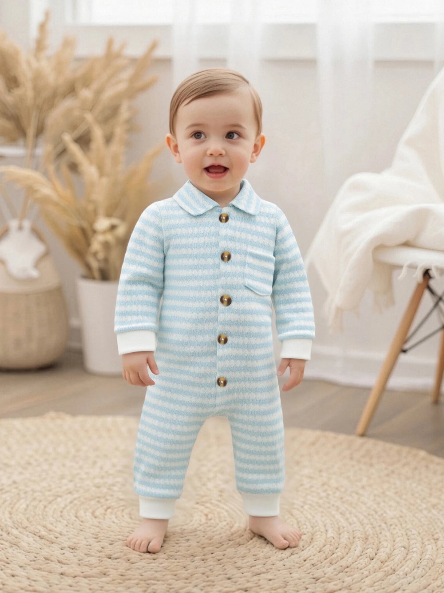 Newborn Baby Fall Winter Jumpsuit Set - Striped Turn-Down Collar Romper & Pants (0-18M)