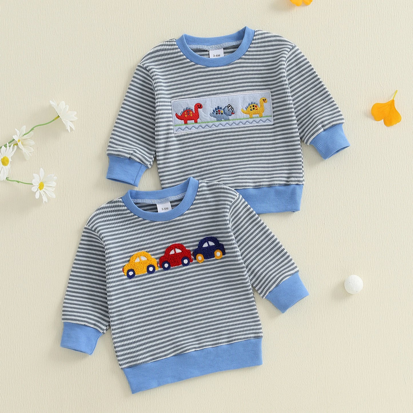 Baby Boys Car/Dinosaur Embroidered Striped Print Pullover Waffle Knit Top
