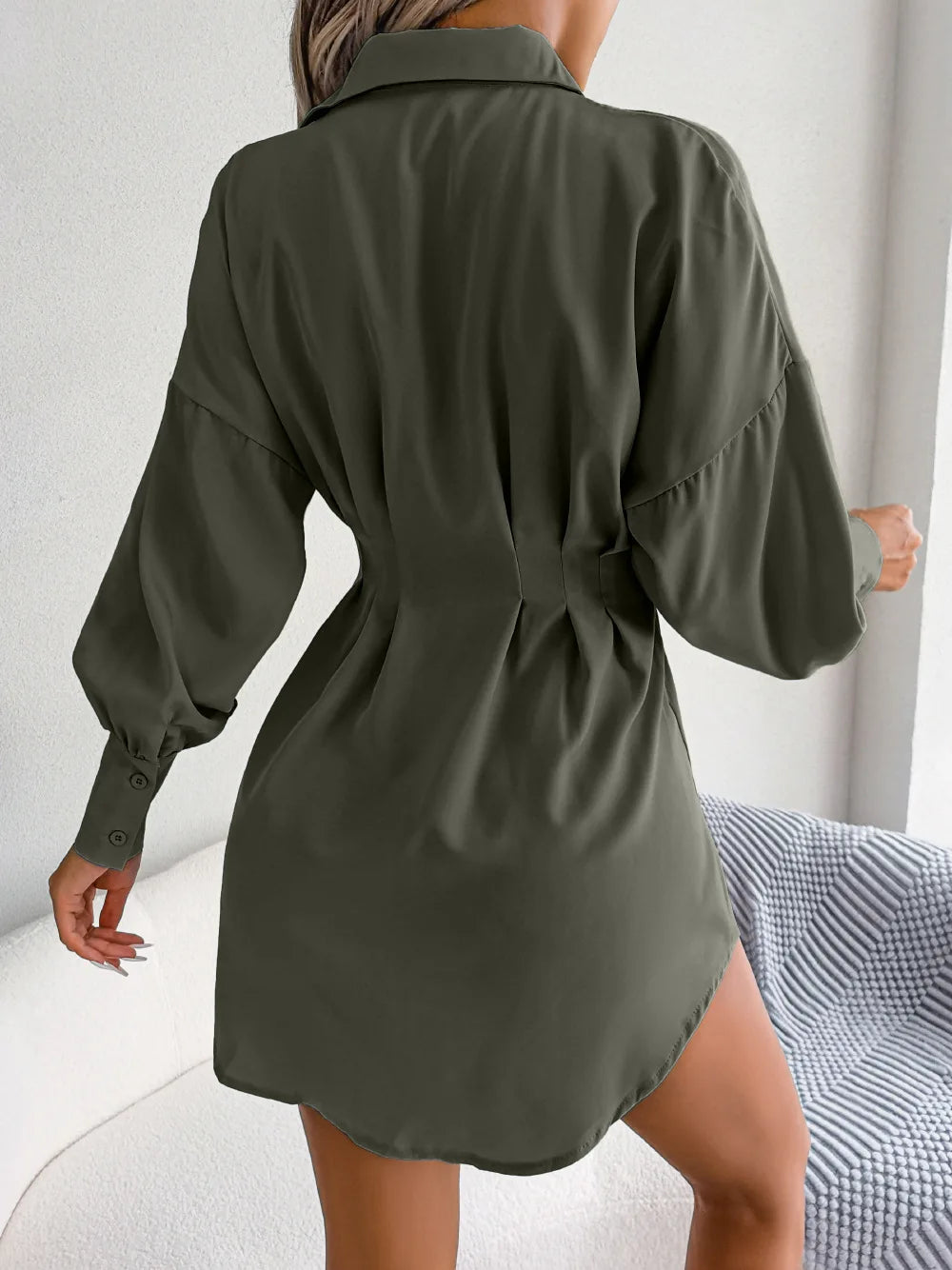 Women's Autumn Winter Casual Lantern Sleeve High Waist Asymmetric Dress Shirt Dress
