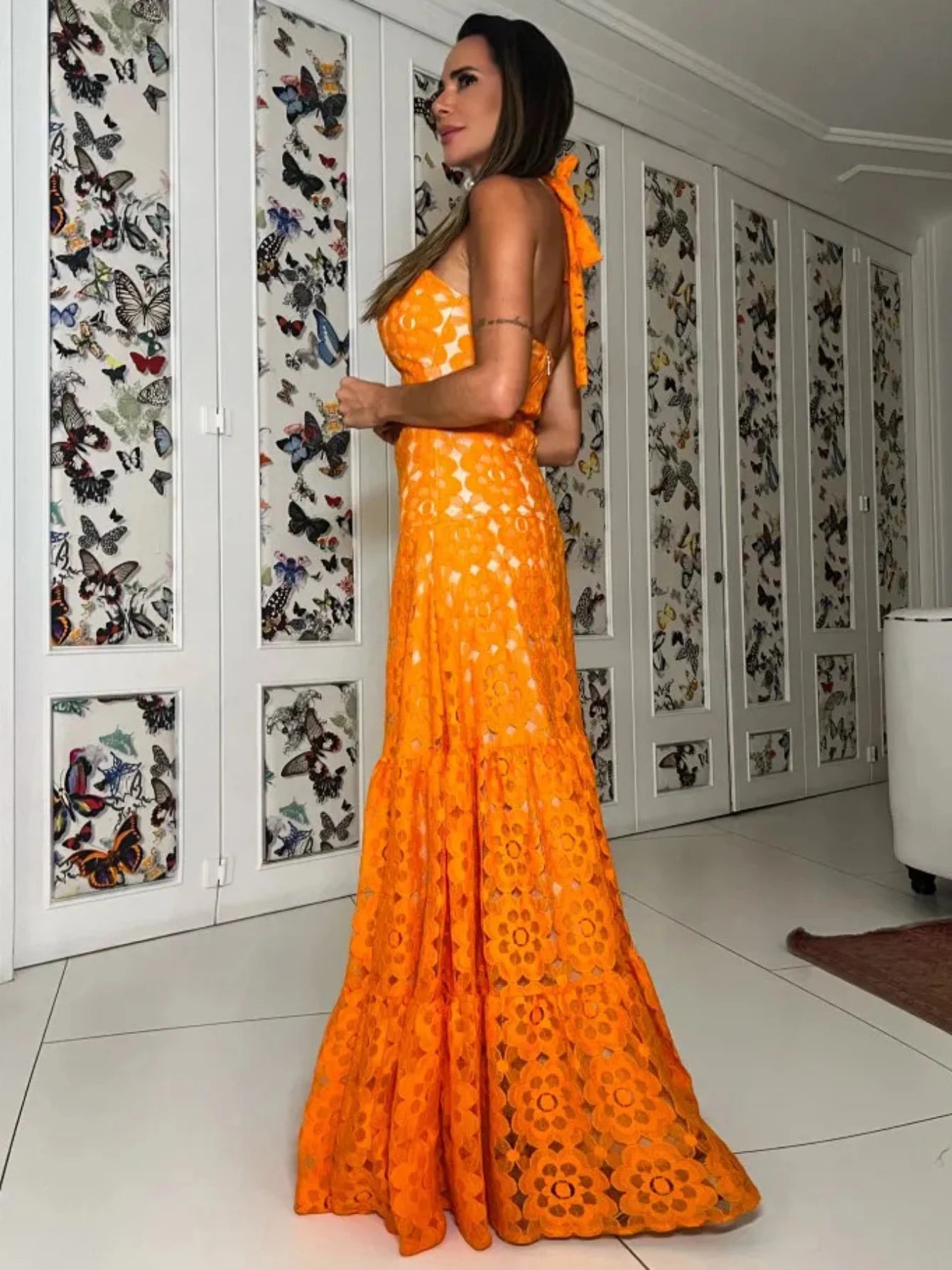 Women's Summer Hollow Lace  Halter Strapless Sleeveless Naked Waist Long Chic Dress