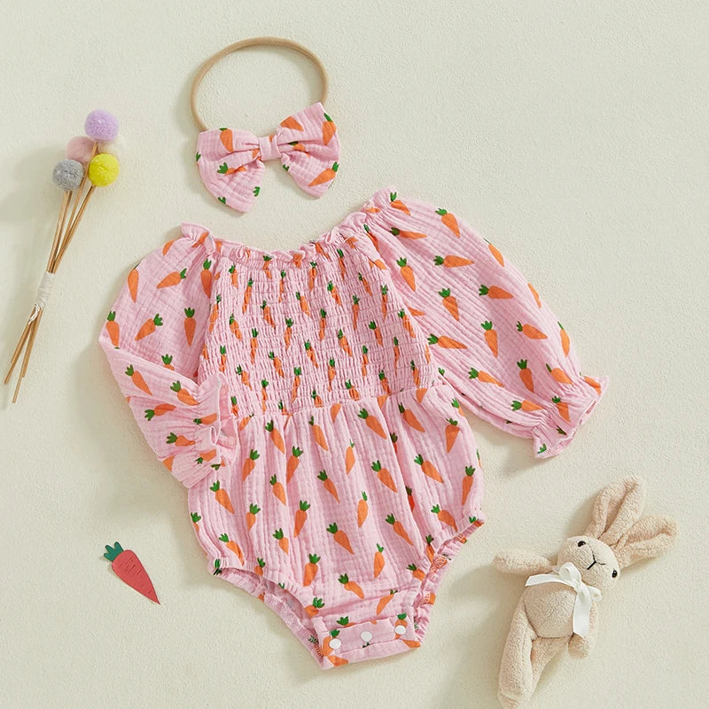 Baby Girls Easter Romper Set - Carrot Print Long Sleeve Jumpsuit with Bow Headband
