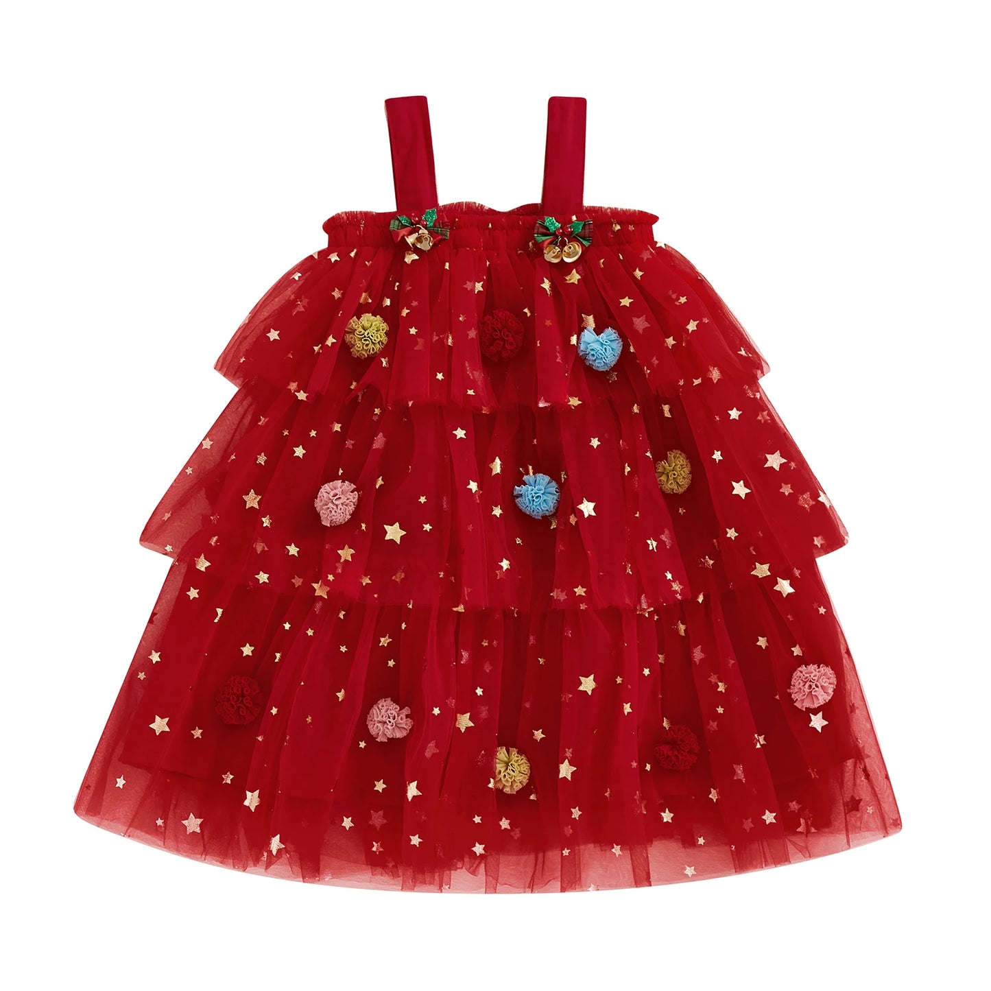 Girl's Festive Dress - Star Lace Layered Tulle Sundress with Plush Ball