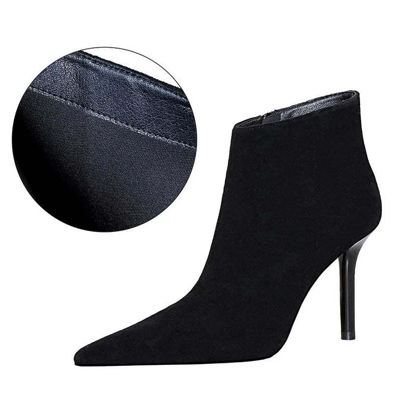 Black Suede Ankle Boots - Pointed Toe Stiletto Heels with Side Zipper