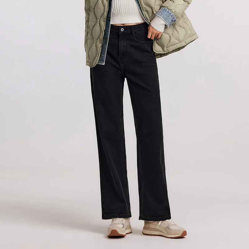 Women's Wide Leg Brushed Denim Jeans - Loose Fit Winter Warm Long Pants
