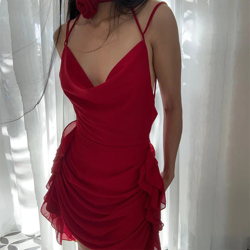 Women's Coquette Aesthetic Ruffle Detail Mini Outfit Sleeveless Floral Applique Halter Backless Party Dress
