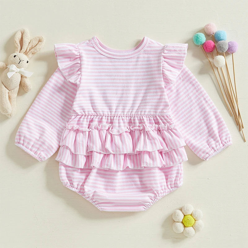 Baby Girls' Easter Spring Romper - Rabbit Embroidery Long Sleeve Striped Jumpsuit