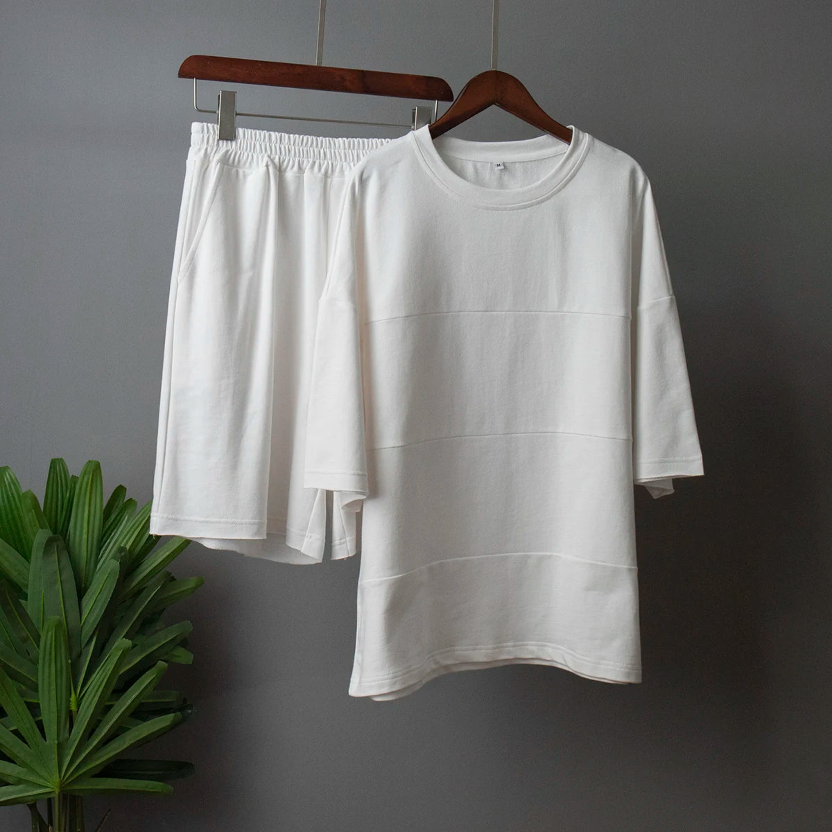 Women's 100% Cotton Shorts Set Half Sleeve Patchwork T Shirts & High Waist Shorts Two Pieces Set