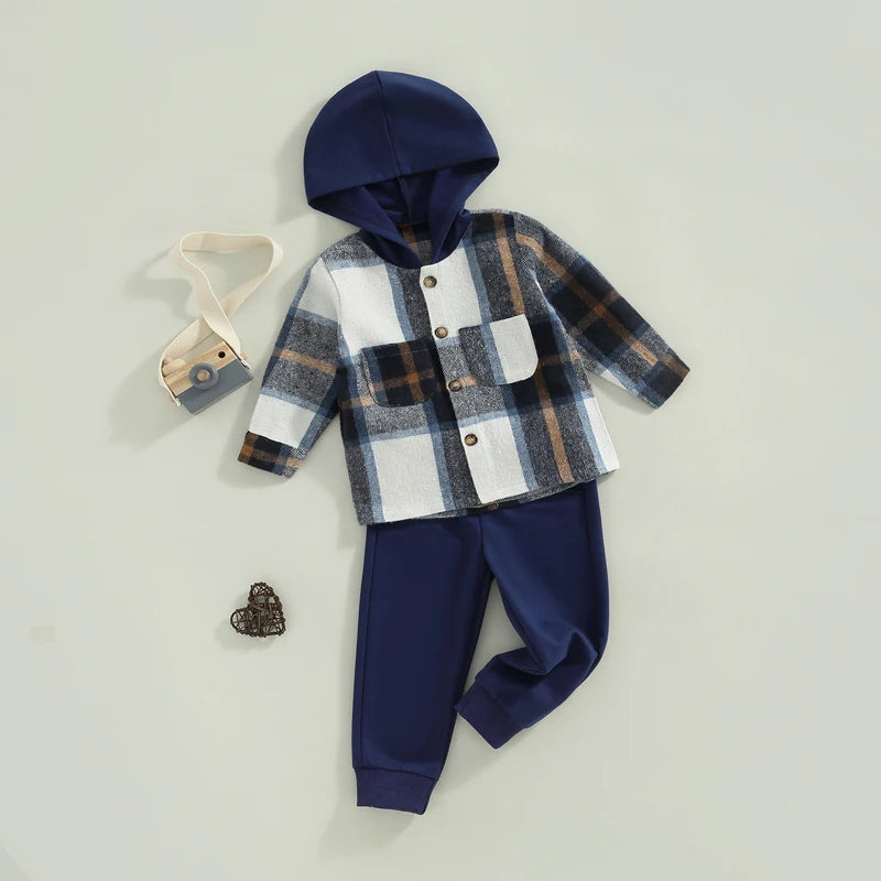 1-6Y Autumn Causal Kids Boys Clothes Sets 2pcs Plaid Printed Patchwork Hooded Long Sleeve Jacket and Trousers