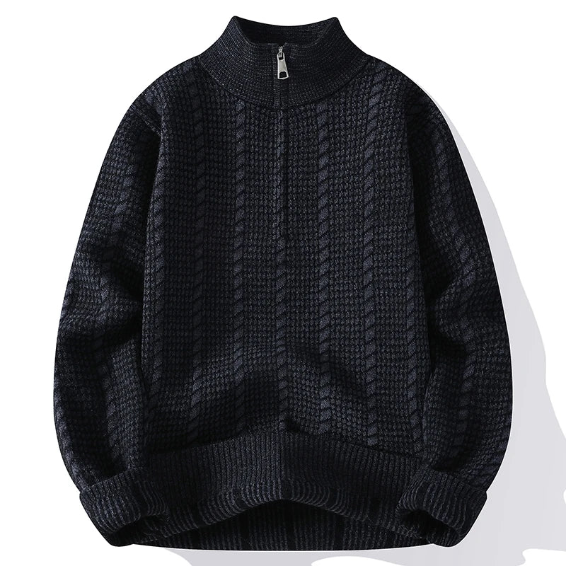 Men's Stand Collar Knitted Sweater - Loose Fit Solid Colour Pullover for Autumn Winter