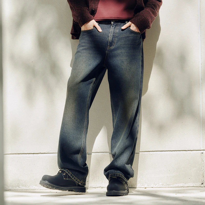 Vintage Washed Whiskered Loose Fit Straight Leg Jeans - Men's Classic Casual Denim