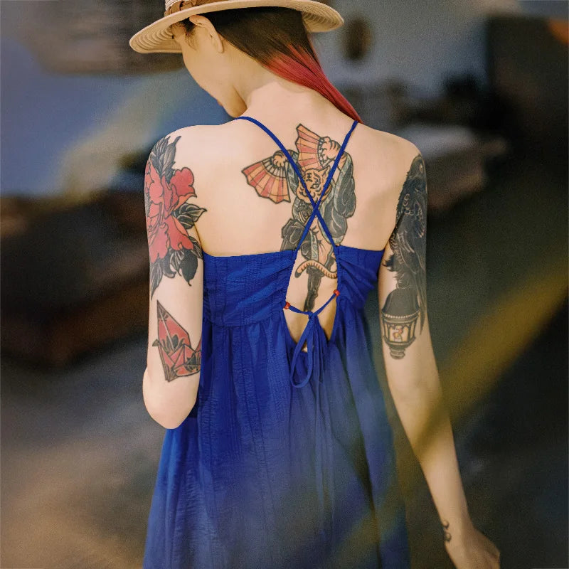 Women's Blue Seersucker Sleeveless A-Line Beach Dress - Summer Vacation Strappy Slip Dress