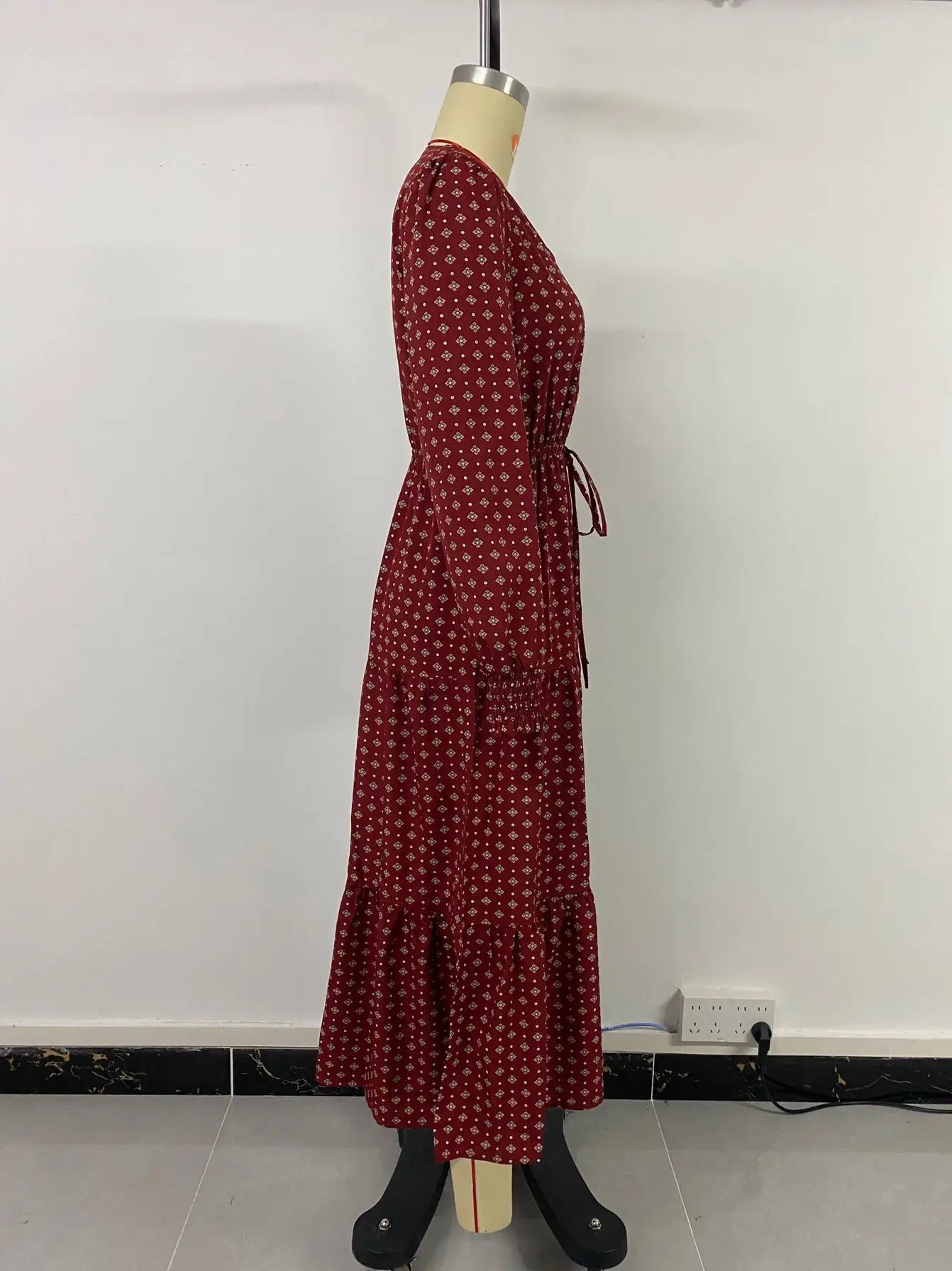 Women's Autumn Winter Long Sleeve Print V-neck Chiffon A-Line Knee Length High Waist Dress