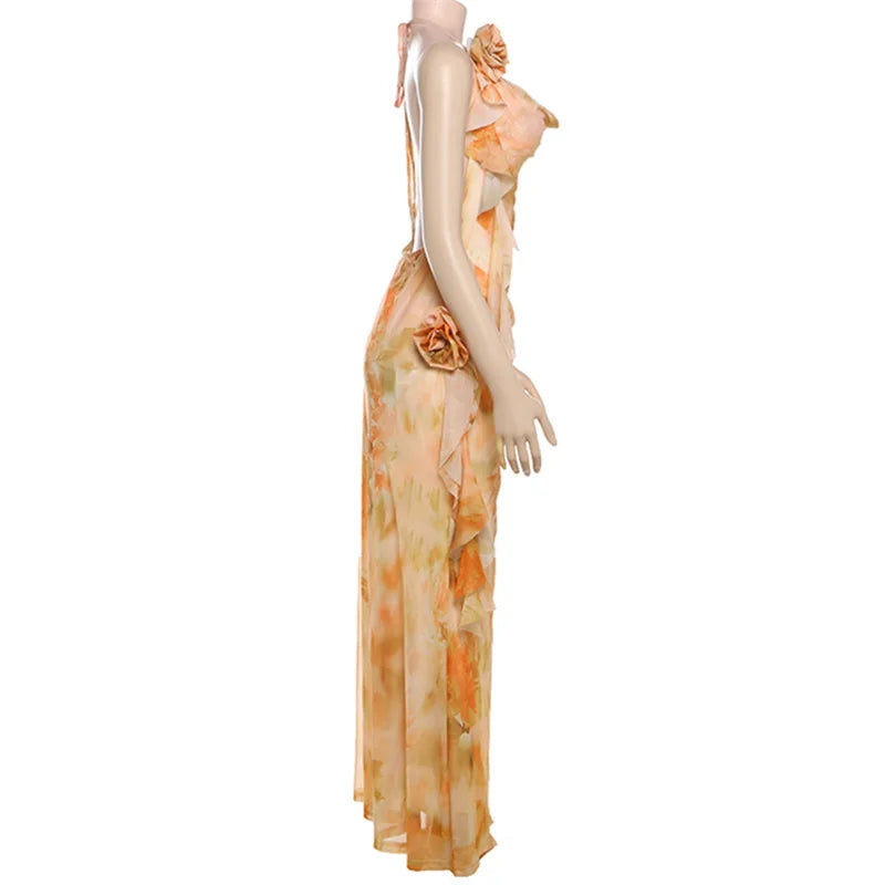 Women's Floral Applique Halter Maxi Dress