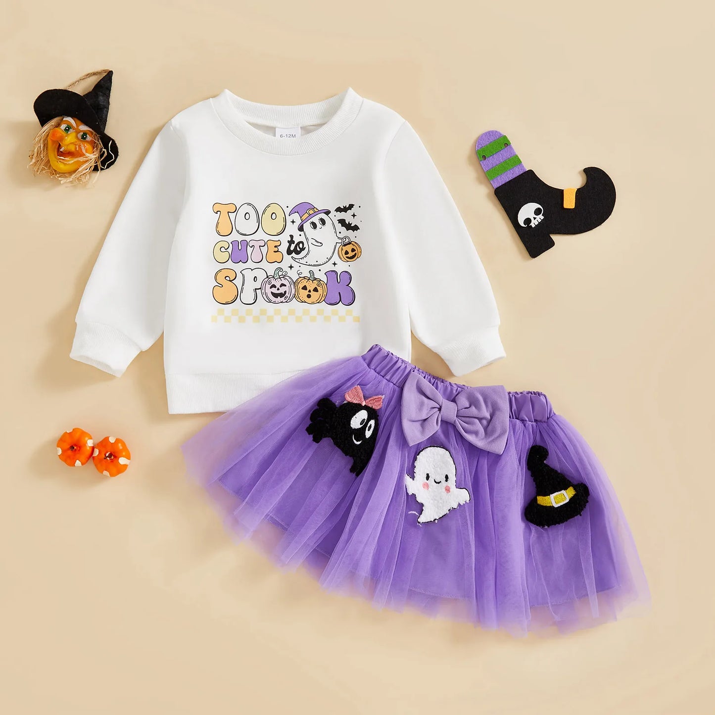 Baby Girl's Halloween Outfit Set - Cartoon Letter Sweatshirt & Ghost Tulle Skirt