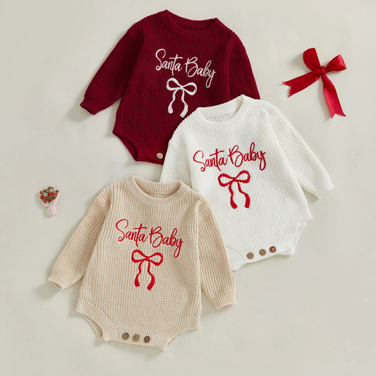 Baby Christmas Romper Sweater - Letter Bow Embroidery Ribbed Long Sleeve