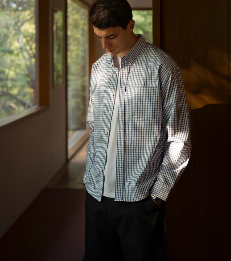 Men's Spring Oversize 170gsm Liquid Ammonia Finish 100% Cotton Fabric Checked Plaid Casual Shirt