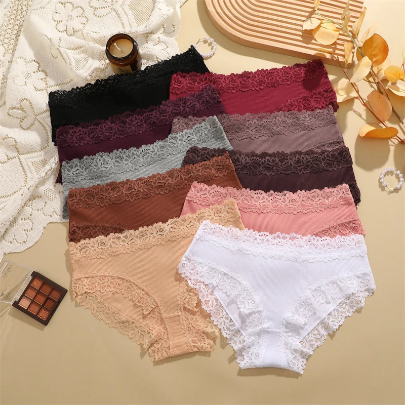 Women's Cotton Ribbed Underwear Set - 4 Pack Lace Floral Low-Waist Briefs