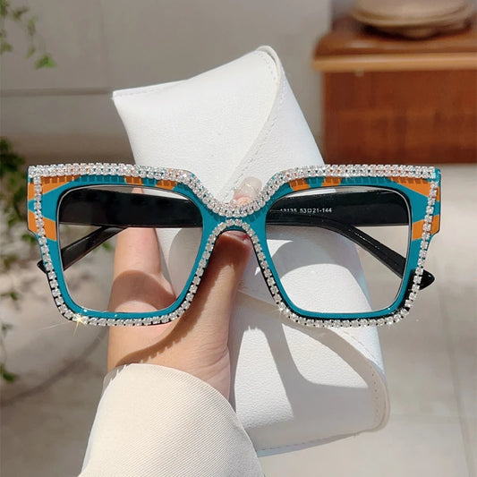 Fashion Patchwork Crystal Shiny Glasses - Non-Prescription Decorative Eyewear for Women