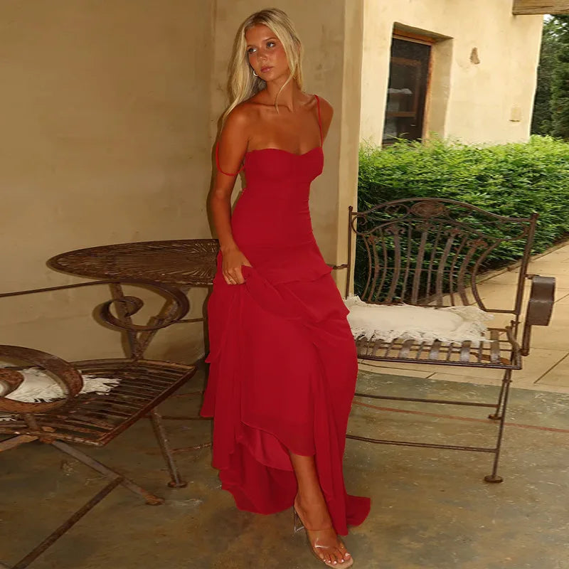 Women's Red Ruffled Slip Maxi Dress - Backless Summer Vacation Dress