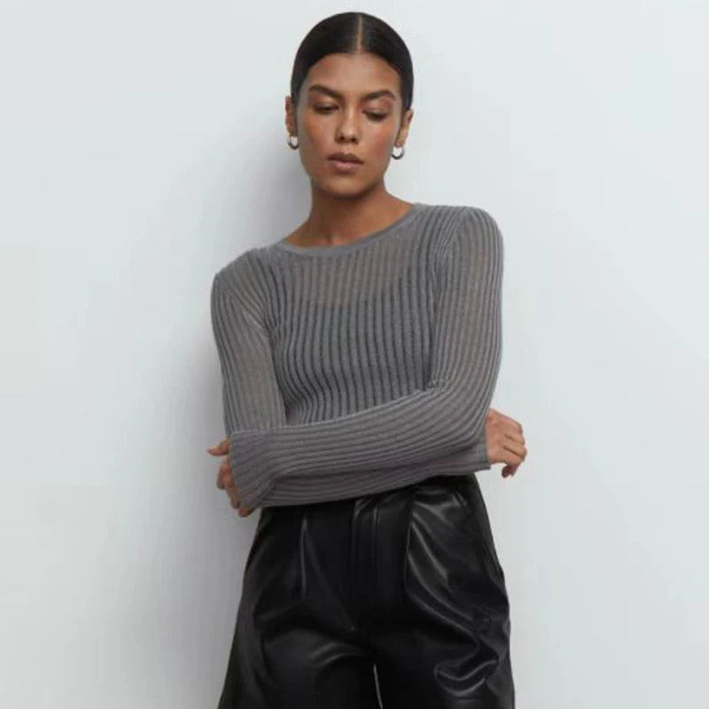 Women's Elegant Striped See Through Long Sleeve Top